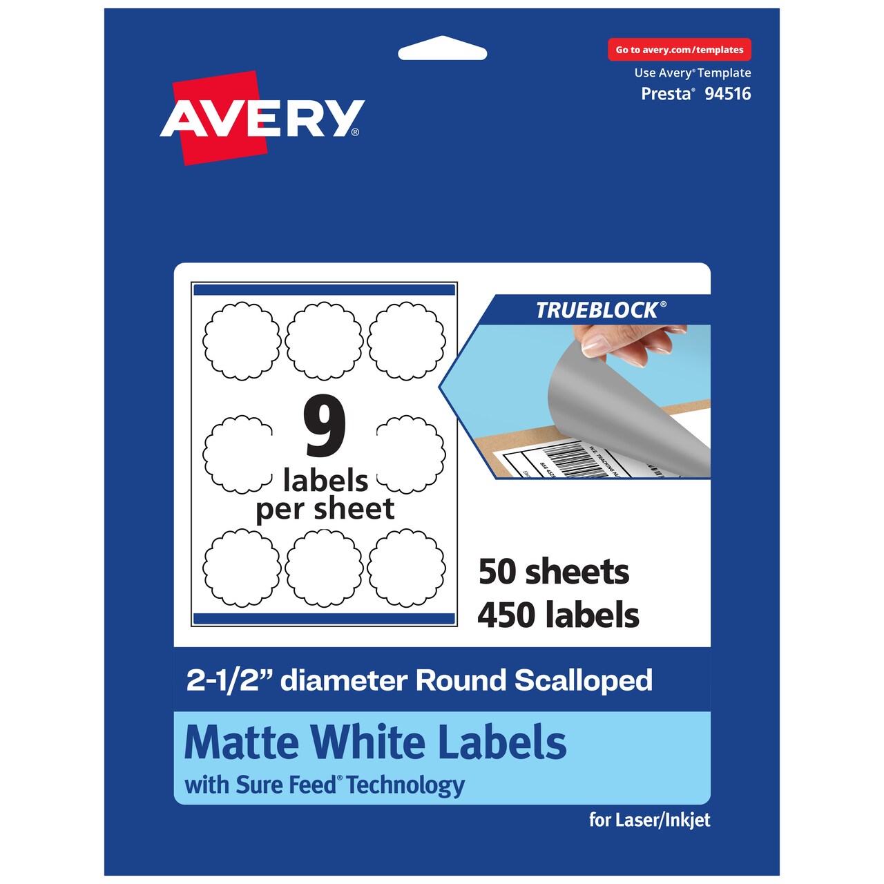 Avery TrueBlock Matte White Paper Labels, 2-1/2" diameter Round Scalloped